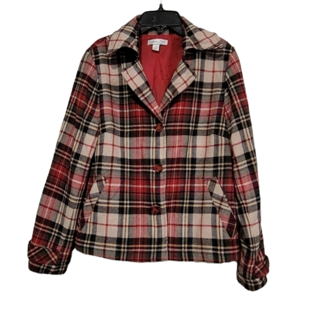 Coldwater Creek Tartan Red, Black, Cream Button Up Jacket Size 8